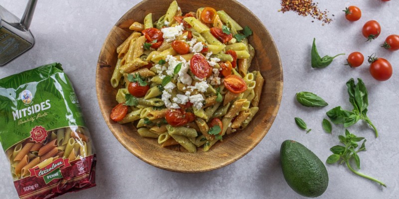 Tricolore Pasta with Avocado Cream, Roasted Cherry Tomatoes and Feta -  Mitsides Group