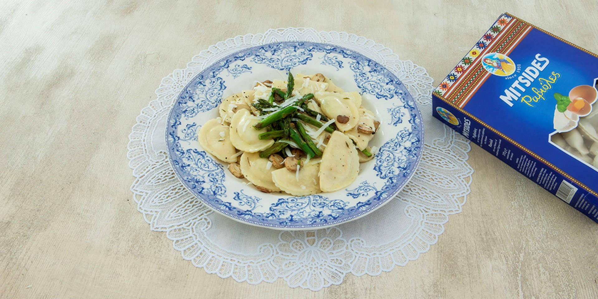 Ravioli with mushrooms, asparagus and butter and lemon sauce - Mitsides Group